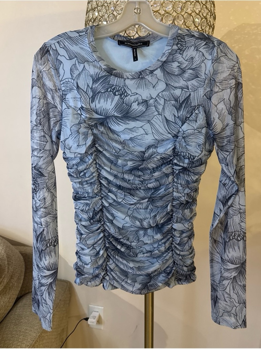 BCBGMAXAZRIA Light Blue Floral Ruched Long-Sleeve Top S